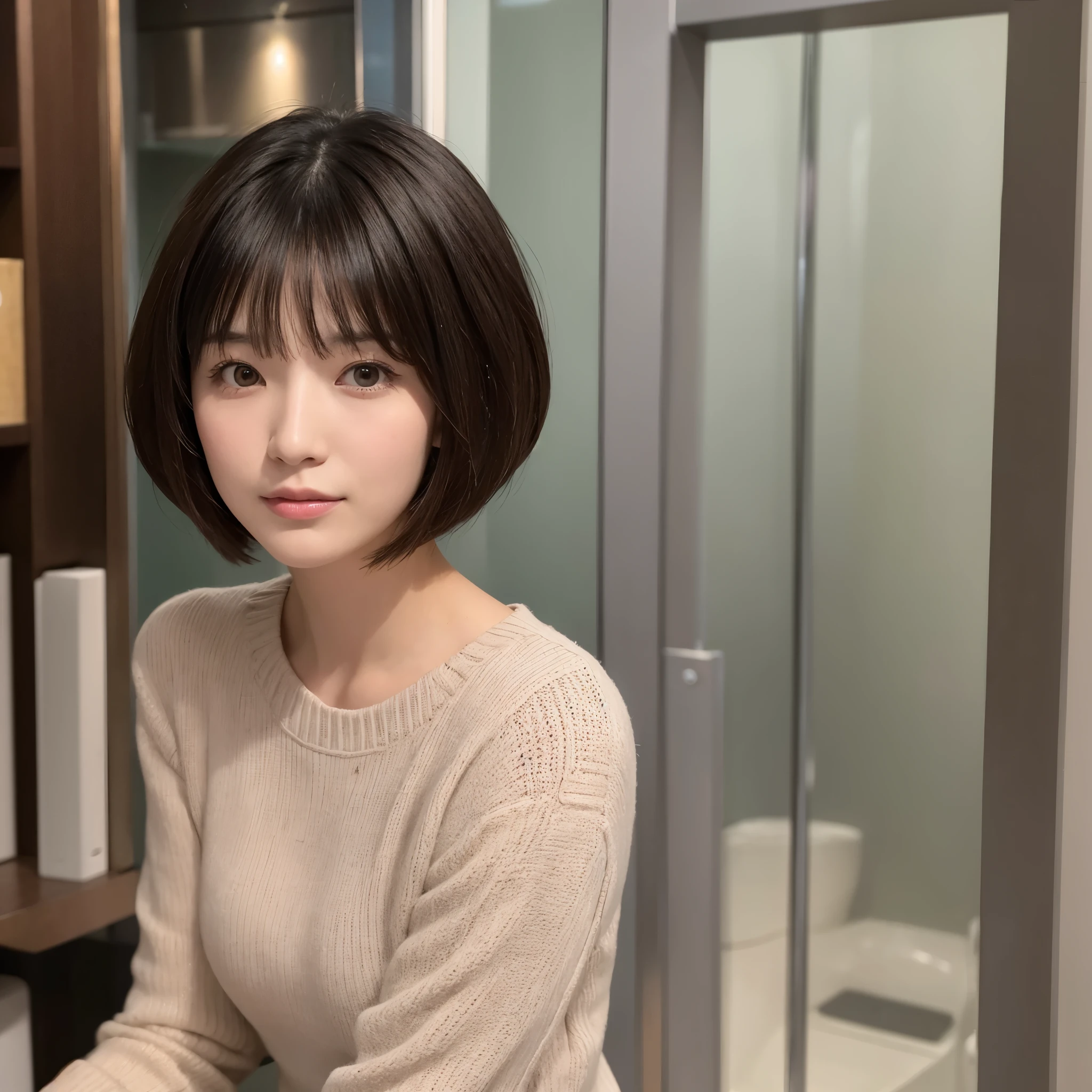A 30-year-old woman with a center-parted short haircut