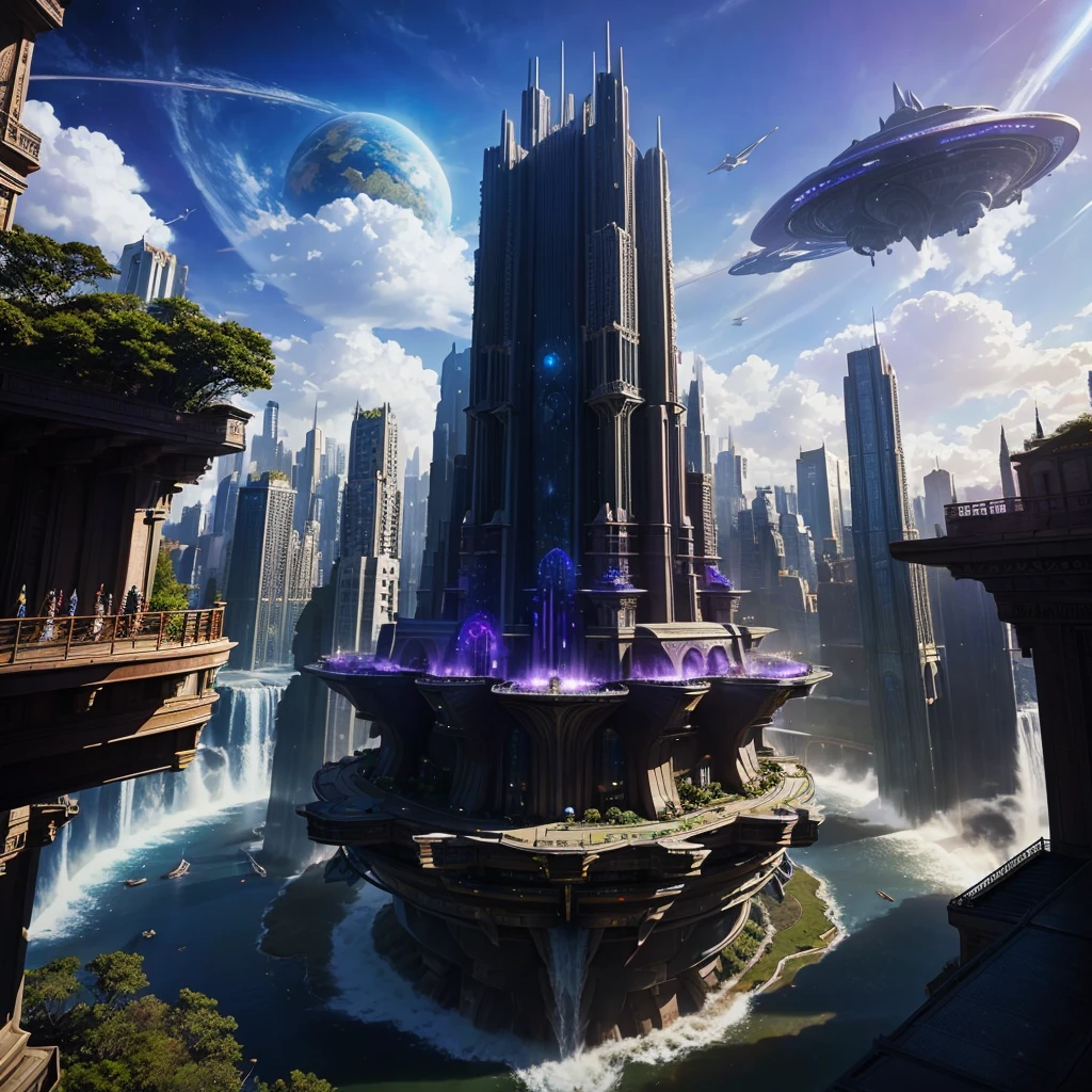 A huge fantastical sci-fi city, aether city, floating aerial metropolis,Future Skyscrapers、Daytime,Huge construction,SF,Super huge waterfall,Future City,Super huge temple,Super huge torii,mysterious,Fantasy,Life Transcendence,A World Beyond All Things, towering skyscrapers, massive waterfall, celestial planets in the sky, surrounded by clouds, cosmic architecture, violet energy scars around, central massive castle, astral sky