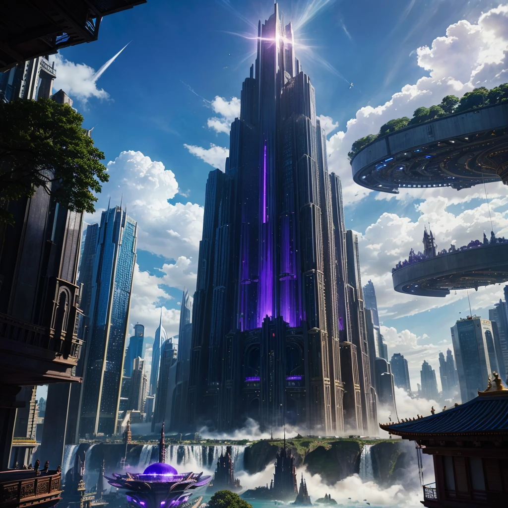 A huge fantastical sci-fi city, aether city, floating aerial metropolis,Future Skyscrapers、Daytime，Huge construction，ＳＦ，Super huge waterfall，Future City，Super huge temple，Super huge torii，mysterious，Fantasy，Life Transcendence，A World Beyond All Things， towering skyscrapers, massive waterfall, celestial planets in the sky, surrounded by clouds, cosmic architecture, violet energy scars around, central massive castle, astral sky