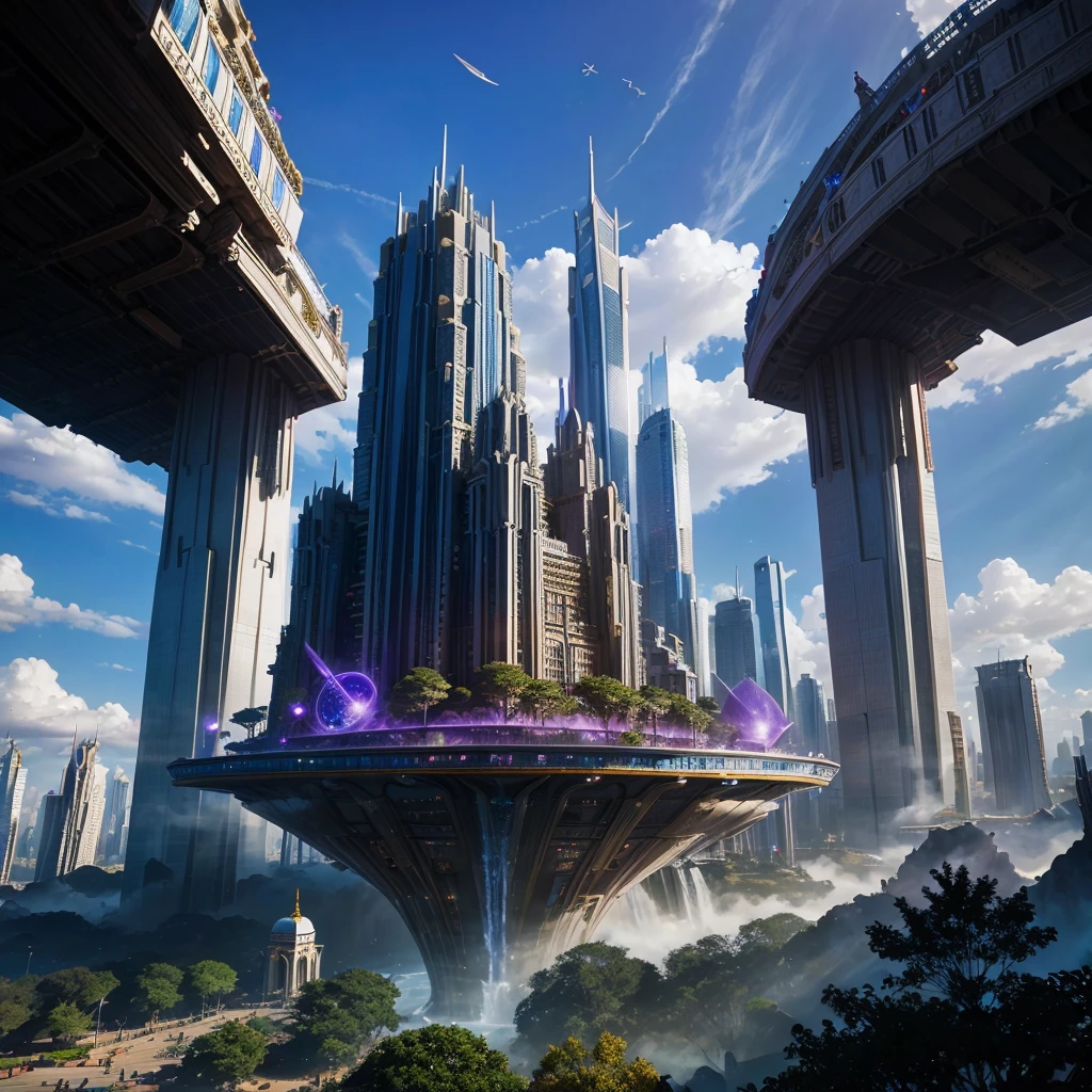 A huge fantastical sci-fi city, aether city, floating aerial metropolis,Future Skyscrapers、Daytime,Huge construction,SF,Super huge waterfall,Future City,Super huge temple,Super huge torii,mysterious,Fantasy,Life Transcendence,A World Beyond All Things, towering skyscrapers, massive waterfall, celestial planets in the sky, surrounded by clouds, cosmic architecture, violet energy scars around, central massive castle, astral sky