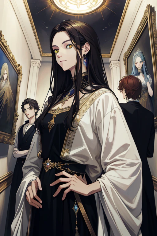 (absurd, high resolution, ultra detailed), When I noticed a painting on the wall.
It was a portrait of my family.
Zephyr stood beside. Valendrya. Her Dark hair and golden eyes highly resembled me.
I stood in front of her With Valsendrake and Icarus standing beside me.
painting