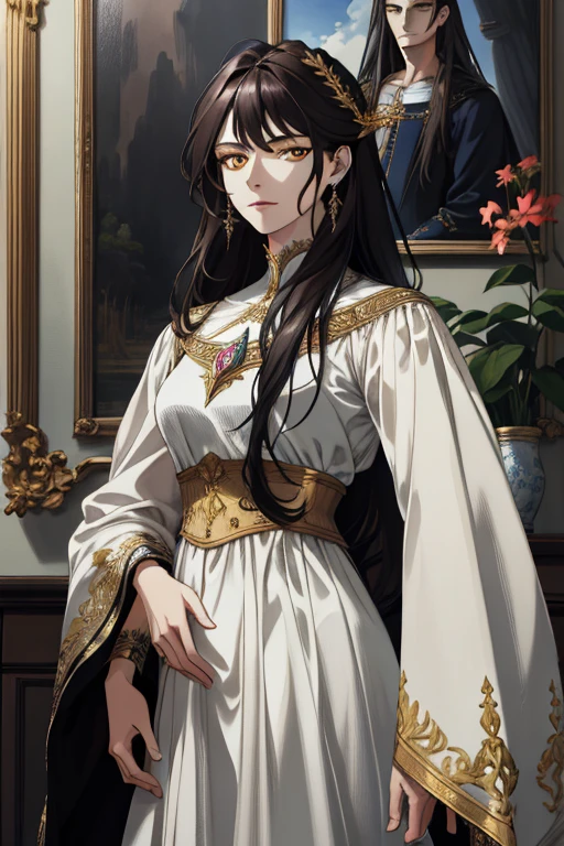 (absurd, high resolution, ultra detailed), When I noticed a painting on the wall.
It was a portrait of my family.
Zephyr stood beside. Valendrya. Her Dark hair and golden eyes highly resembled me.
I stood in front of her With Valsendrake and Icarus standing beside me.
painting