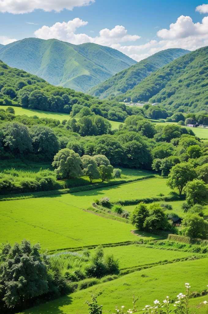 Scenic Landscape: The image should capture the lush greenery of the village, showcasing fields, trees, and natural surroundings.