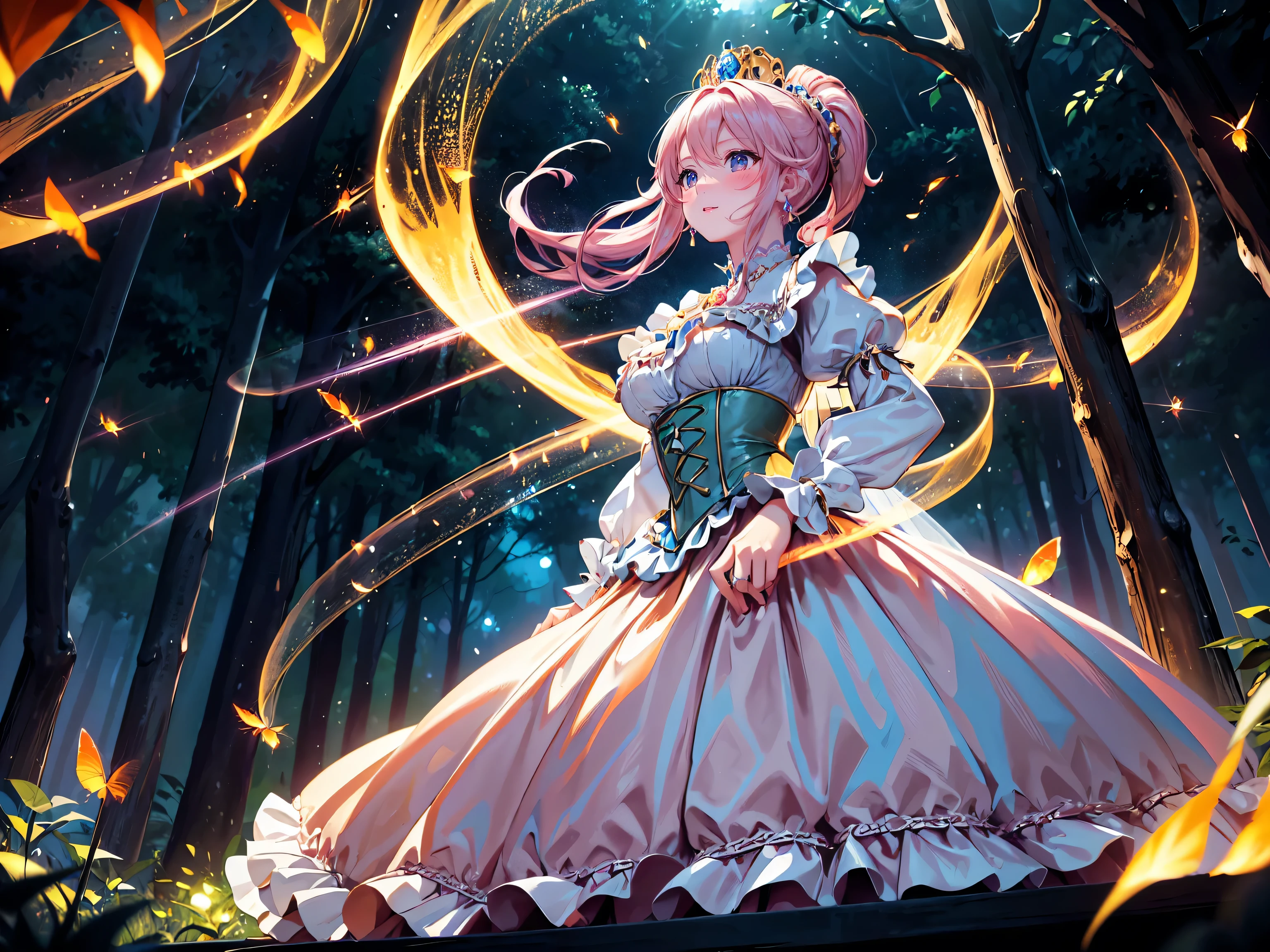 (((young face solo Captivating Adorable princess))), (((dress garnet dress)))), (((Unsurpassed gorgeous rococo victorian gown with voluminous hoopskirt and long hems, princess style skirt:1.9))), (gown brilliances dazzlingly glitter reflective prismatic transparency gown:1.5), (gown ultra elaborate gown:2), (gown transparent gown:1.5), (((huge breasts:1.5))), breasts focus, breasts cleavage, (hair pink hair:1.6), (((ponytail fluffy long ponytail:1.6))), ((Expressive hair)), very voluminous and very long hair, bangs, super delicate and beautiful face, beautiful lips, (hyper detail delicate beautiful eyes blue eyes), hair ornament silver ornament, beautiful smile, ((cowboy shot:1.3, from below:1.5, looking up:1.5, dynamic pose:1.5, dutch angle:1.5)), (((Masterpiece, Super detail, top quality, ultra high res, Spectacular Quality, Distinguished Quality, ultra detailed, unity 16k, ultra photo realistic))), (firefly
pale light so many firefly light, in night forest:1.5),