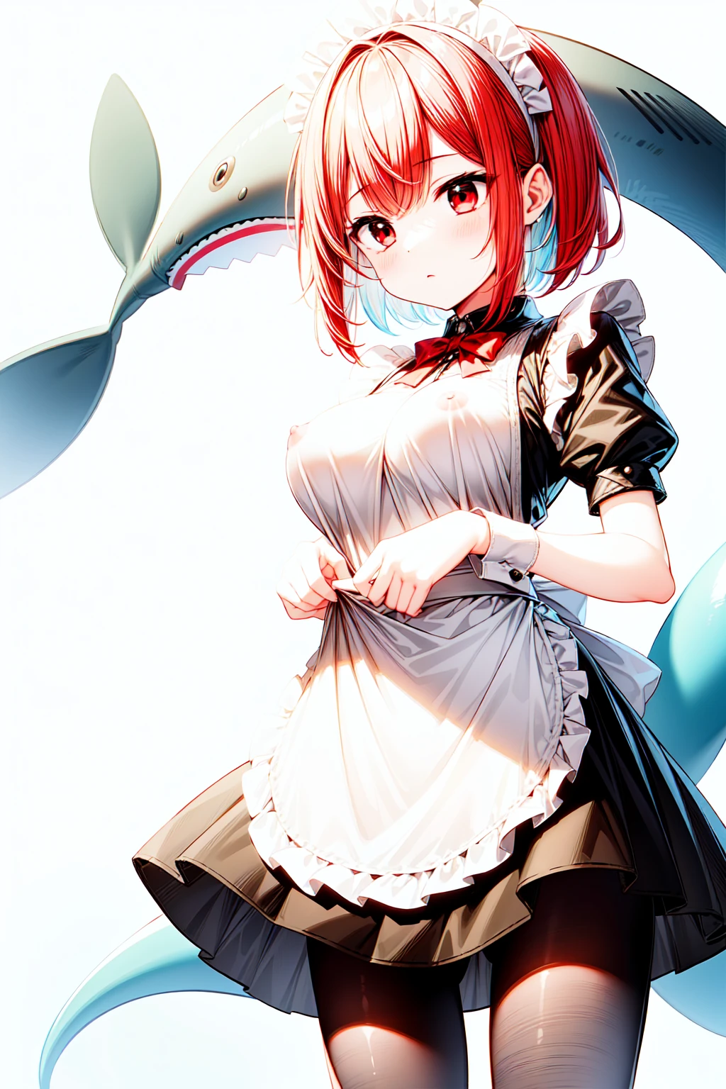 masterpiece,best quality,from below,1girl,solo,(disgust:1.2),looking down,skirtlift,open clothes,medium breasts,breasts out,(nipples:1.2),ellen joe,black hair,colored inner hair,multicolored hair,(red eyes:1.3),red hair,short hair,two-tone hair,apron,black pantyhose,(cameltoe:1.2),black shirt,black skirt,maid,maid apron,maid headdress,pantyhose,puffy short sleeves,puffy sleeves,shark girl,(one shark tail:1.1),shirt,short sleeves,skirt,two-tone hair,wrist cuffs,white background