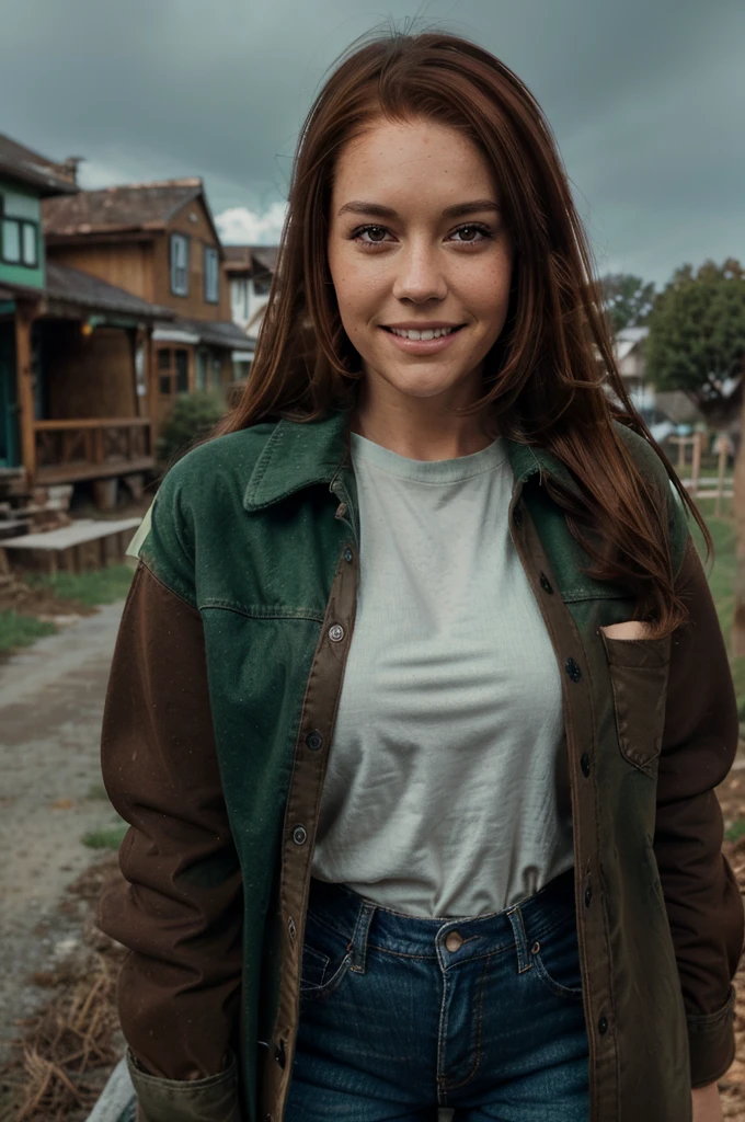 copy 1girl,solo,red eyes,((brown hair:1.5)),ponytail,((light green skin)), very tall, old tattered black coat, tan jeans, flannel shirt,cowboy shot,on moon, blue and grey ringed planet in sky,science fiction,ultra-detailed,sharp focus,aesthetic,(best quality) smiling