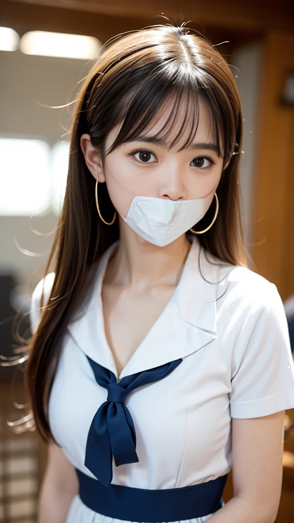 (Highest quality、Tabletop、、Best image quality、Award-winning works)、Extremely cute and lewd high school girl、White polyester collared shirt ripped because her breasts were too big、Short sleeve:1.4)、(Navy Pleated Skirt:1.1)、Girl portrait photography、Glowing Skin、Brown Hair、Are standing、Look at the audience with a big smile on your face、Sculpture Pose、(Cafe Background:1.45)、(Very obscene and huge breasts bigger than her face:1.85)、Accentuate your body lines:1.1)、Very large red ribbon tie、Very long hair:1.75、A begging expression for someone to hold her