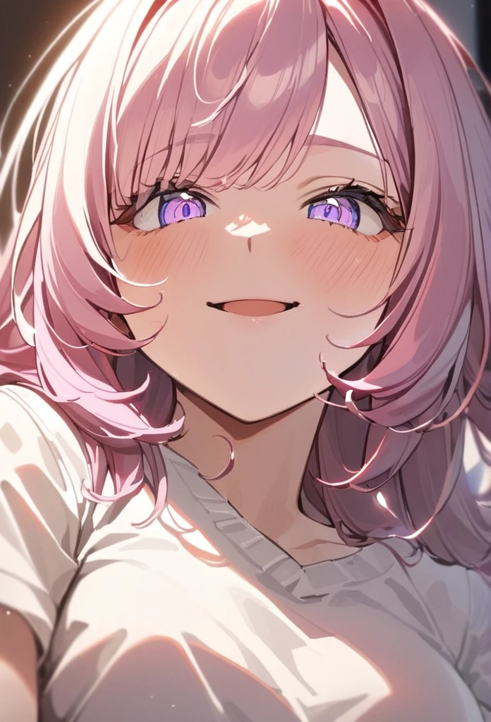 elysia, Pink long hair, Pretty Face,Smile,Upper body close-up, Medium breasts, Sitting on the bed, Wearing beautiful white pajamas, (open mouth:0.4),illustration,Detailed texture(Realist),Extremely detailed,Portrait Style,Bright colors,Soft lighting, blush, Mature, No,Open your mouth,Slobber,Cheeks,