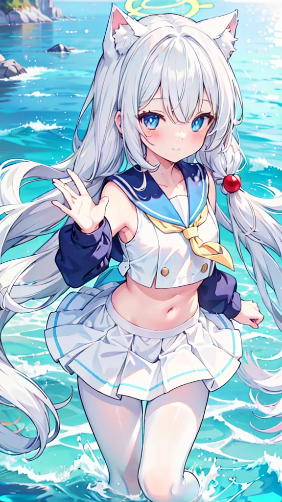 Sailor Suit,Navel,girl,White pantyhose,White hair,Long hair,Cat ear,Heterochromia blue-yellow,Smile,Female face,There are bright spots in the eyes,Female hands,White little hands,Normal fingers,flat chest,seaside,Blue ring halo,White skirt,Blue long tie