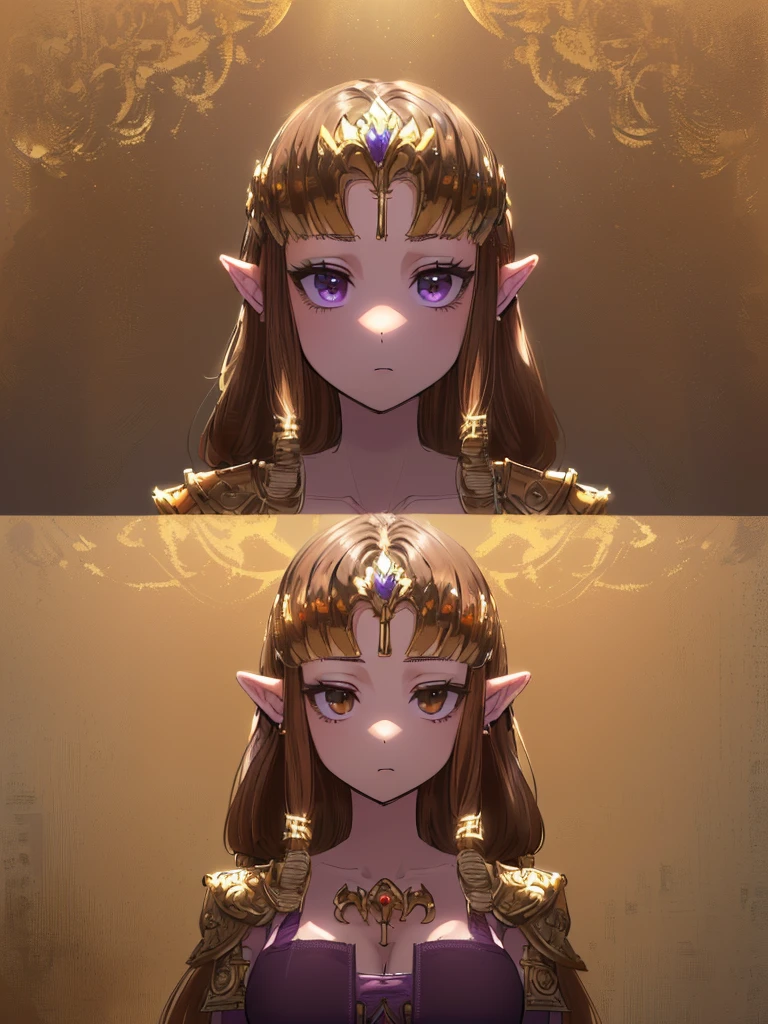 ((),((Expressionless)),((valley)),((((Exposed shoulders)))),(((look up))),,(((Golden hair ornament)),,(((Long Hair)))),((Big Breasts)),((((Exposed shoulders)))),((Front Face)),Princess Zelda, ((Highest quality)),,(Very detailed) ,,((Purple blouse)),Brown Hair,((, ((Highest quality)), (Very detailed), ,(((Dark brown hair))),Nintendo, (Straight hair), face,,((alone)), ((Highest quality)), (Very detailed), ,