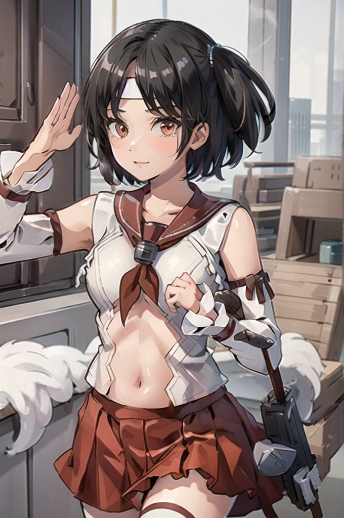 nagaraKC, 1girl, 独奏, short hair, skirt, ,detached sleeves, serafuku, sailor collar, neckerchief, headband, red skirt, one side up, red sailor collar,white thighhighs, (panties), (bra), (In underwear), (Flashy underwear), (lingerie),