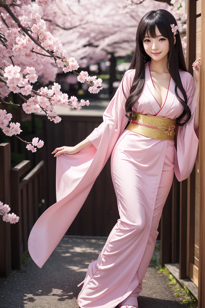 Anime woman, Princess, traditional pink kimono, Cherry blossom, Black long hair, smile, pink eyes, Full body, flat chest