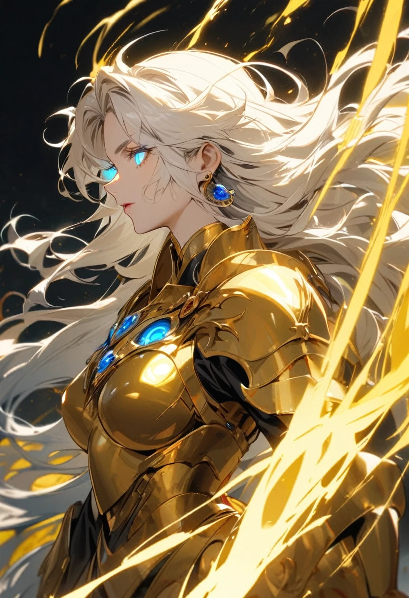 woman, god, god eyes, blue eyes, glowing eyes, yellow aura, golden armor, windy hair, long hair, white hair, god mature, god eyes, side view, earings
