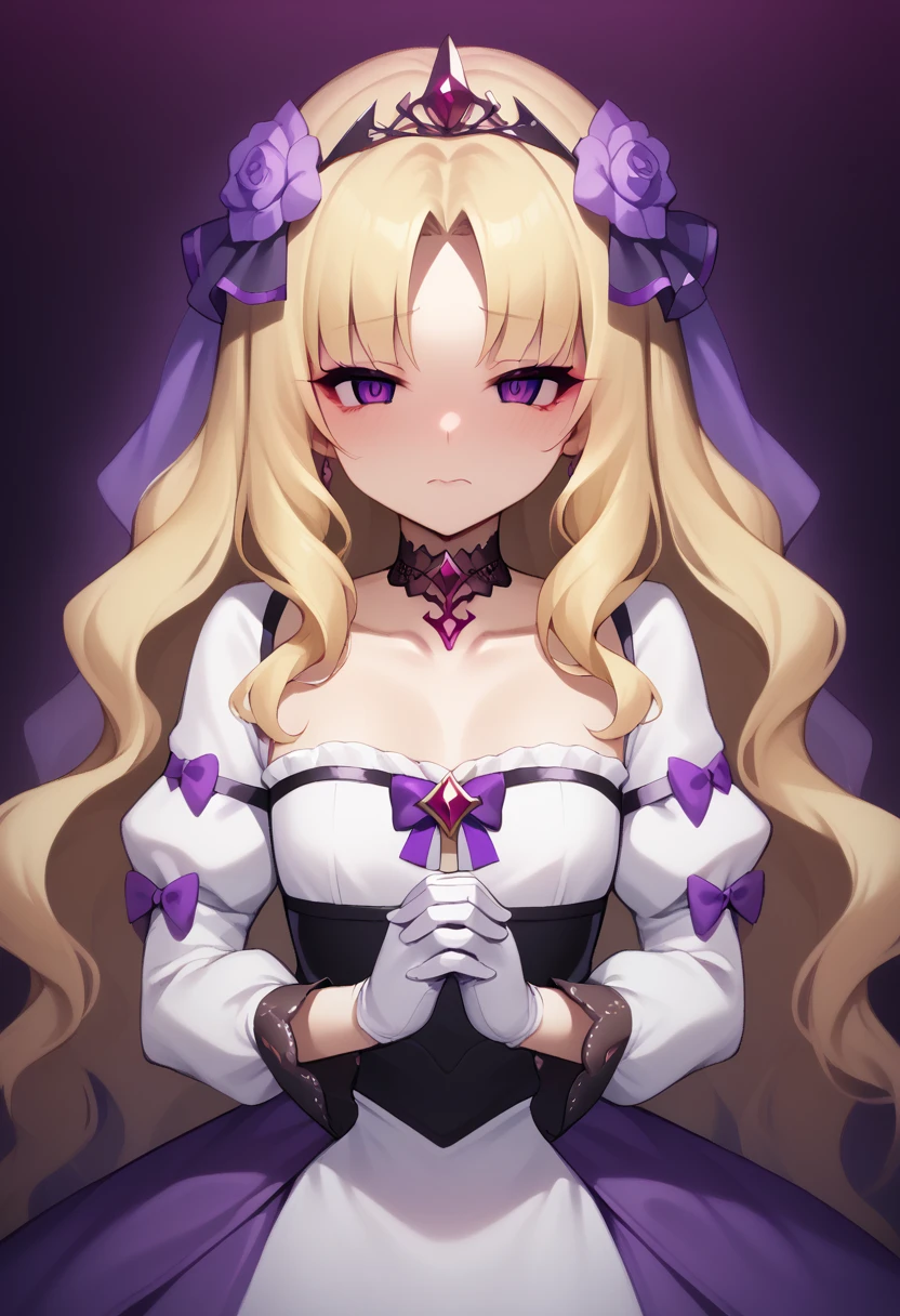 score_9. score_8_up. score_7_up, slutty_clothes, corruption, corrupt_girl, 1girl, blonde hair, solo, long hair, flower, dress, tiara, white dress, gloves, long sleeves, choker, purple eyes, white gloves, purple bow, purple flower, wavy hair, standing, bow, jewelry, looking at viewer, white background, closed mouth, collarbone, puffy sleeves, own hands together, upper body, parted bangs, very long hair, purple dress, frills, bangs, cowboy shot