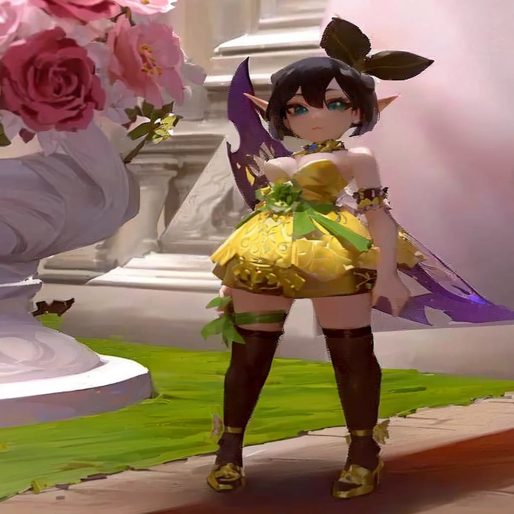 masterpiece:1.2, best quality, detailed and beautiful, a close up of a person in a dress and a vase with flowers, fantasy outfit, wearing gilded ribes, alluring mesmer woman, wearing fantasy formal clothing, succubus in tight short dress, exotic fey features, wearing an ornate outfit, elf girl wearing an flower suit, ornate attire, clothes themed on a peacock mage, fantasy dress, gilded outfit