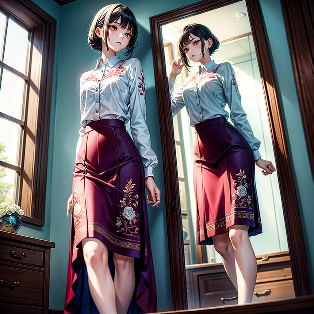 One with an embroidered skirt she finds herself looking in the mirror seeing how slender her body is