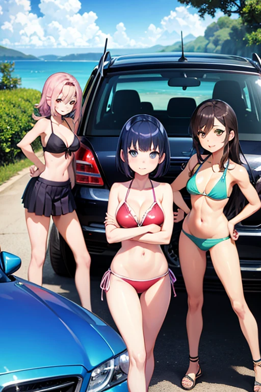Anime Girls in bikinis standing in front of a car, Fine details. Girls' Frontline, Naughty anime style, Anime Girls, from Girls' Frontline, Kantai Collection Style, Girls' Frontline style, Girls' Frontline cg, Naughty, Top rated on pixiv, Naughty style, Visual novel key visual, Official artwork, Pixiv 3DCG,