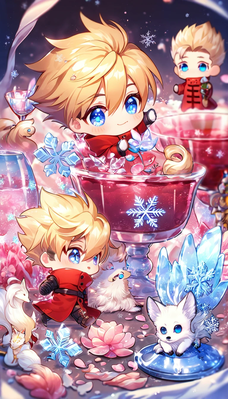 Ultra detailed, HDR, Highres, absurdres, master piece, Vash Stampede chibi, blond hair, expressive blue eyes, red clothes, Trigun, white fox, Ninetales, expressive blue eyes, glass, ice glittering butterflies, ice, petals, pink ice glass flowers, cute, glittering, water, fantasy, magical, snowflakes, cold, small and cute, glass
