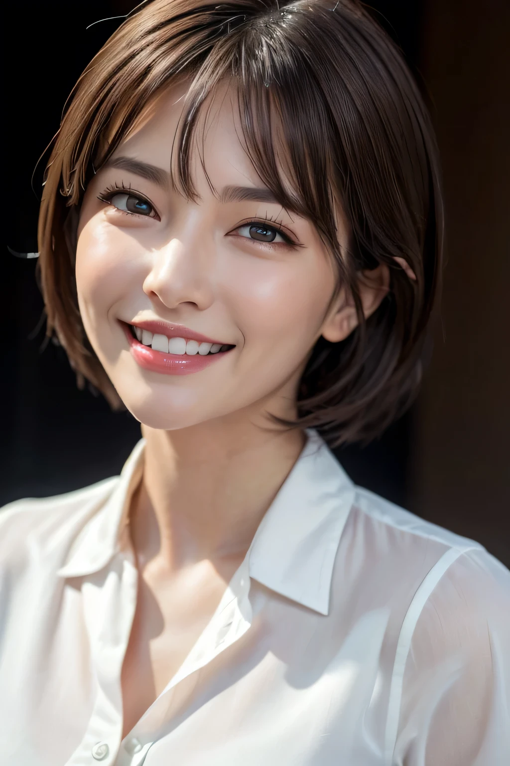 ((masterpiece)), ((Highest quality)), ((Complex)), ((Surreal)), (Realistic), (Mature Woman), ((There are no classes)), Very detailed, (1 female), Beautiful and exquisite, (Beautiful Teeth), Grin, Brunette Bob Hair, Brown eyes, ((blouse)), (Upper Body), (background:none), Perfect Eyes, Captivating eyes, Looking at the audience