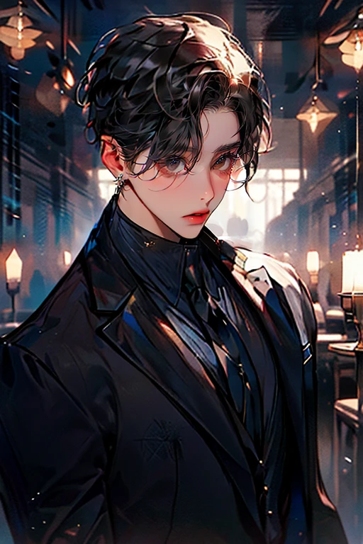 ((One young man with a black suit and tie)), alejandro, (((one side swept dark short neat hair))), ( blue eyes and thick eyebrows), ((30 years old)), ((masterpiece)), ((cinematic lighting)), relax look and smirk, waiting for someone