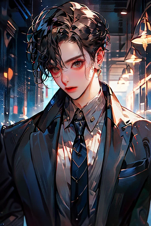 ((One young man with a black suit and tie)), alejandro, (((one side swept dark short neat hair))), ( blue eyes and thick eyebrows), ((30 years old)), ((masterpiece)), ((cinematic lighting)), relax look and smirk, waiting for someone