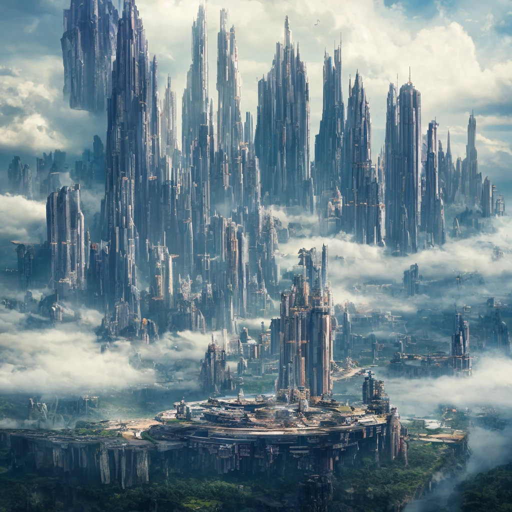A huge fantastical sci-fi city, aether city, floating aerial metropolis,Skyscrapers、Daytime,Huge construction,Super huge waterfall,Super huge temple,Super huge torii,mysterious,Fantasy, towering skyscrapers, massive waterfall, celestial planets in the sky, surrounded by clouds, cosmic architecture, violet energy scars around, central massive castle, astral sky
