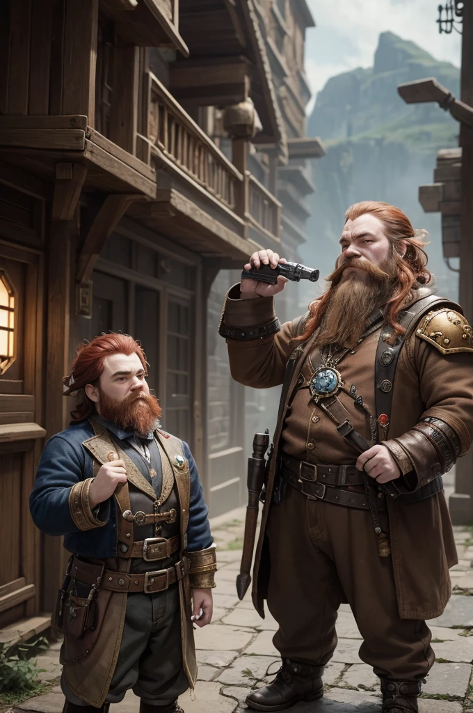 An image of a dwarf RPG character of the artifice class carrying a steampunk pistol and. A hand in hand. The dwarf has a long red beard, as well as short hair, giving off an inventor vibe