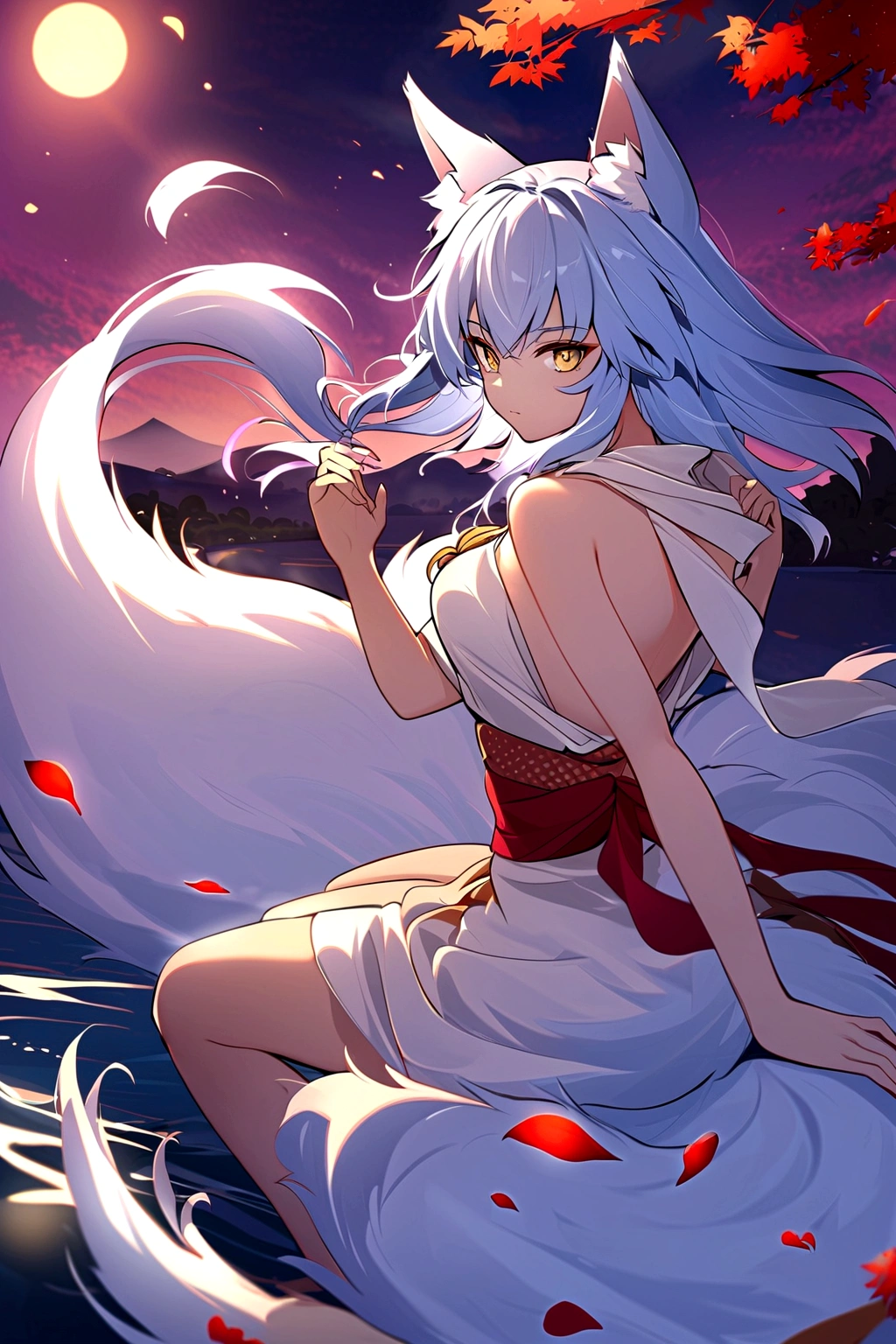 fox Light blue hair beast indigo fur fox beast Sesshomaru, Yellow eyes, Anime, Perfect face, Perfect Lighting, Outdoors, Warm colors, Dark purple sky, Autumn sunset, Bearing Claw, Ready to fight wave, koi fish, anime artstyle, wide view, fluffy. yellow fox, marking under the eyes, crystal antler ,violet eyes, wearing bandanna, flower petals, Ambient light,Ultra-fine fur,volumettic light,natural lightting,fox tail,nevando,35mm。High quality, high detal, Best quality, hyper HD,individual,Single