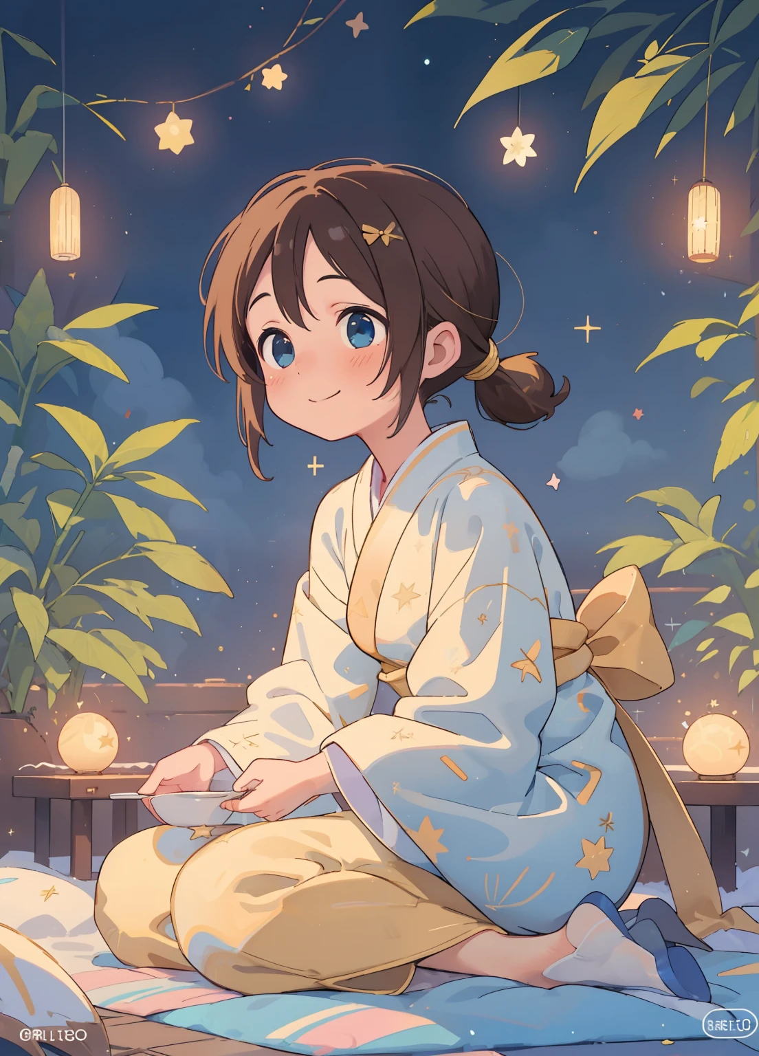 (masterpiece、Highest quality、Highest quality、Official Art、Beautiful and beautiful:1.2)、(One girl:1.3)Hatsune Miku、Twin tails,Beautiful breasts,Highest quality, masterpiece, Hikoboshi and Orihime, The best smile, Looking up at the sky,Brown Hair、ponytail、 yukata, Blue Eyes Method, Night view, Tanabata Festival,Many Stars々、The stars shine beautifully、Brightly colored stars、Vast Universe、 大きなbambooと色とりどりの吊り飾り,Golden light particle effect, Events in Japan、Tanabata decoration、bamboo、Wish