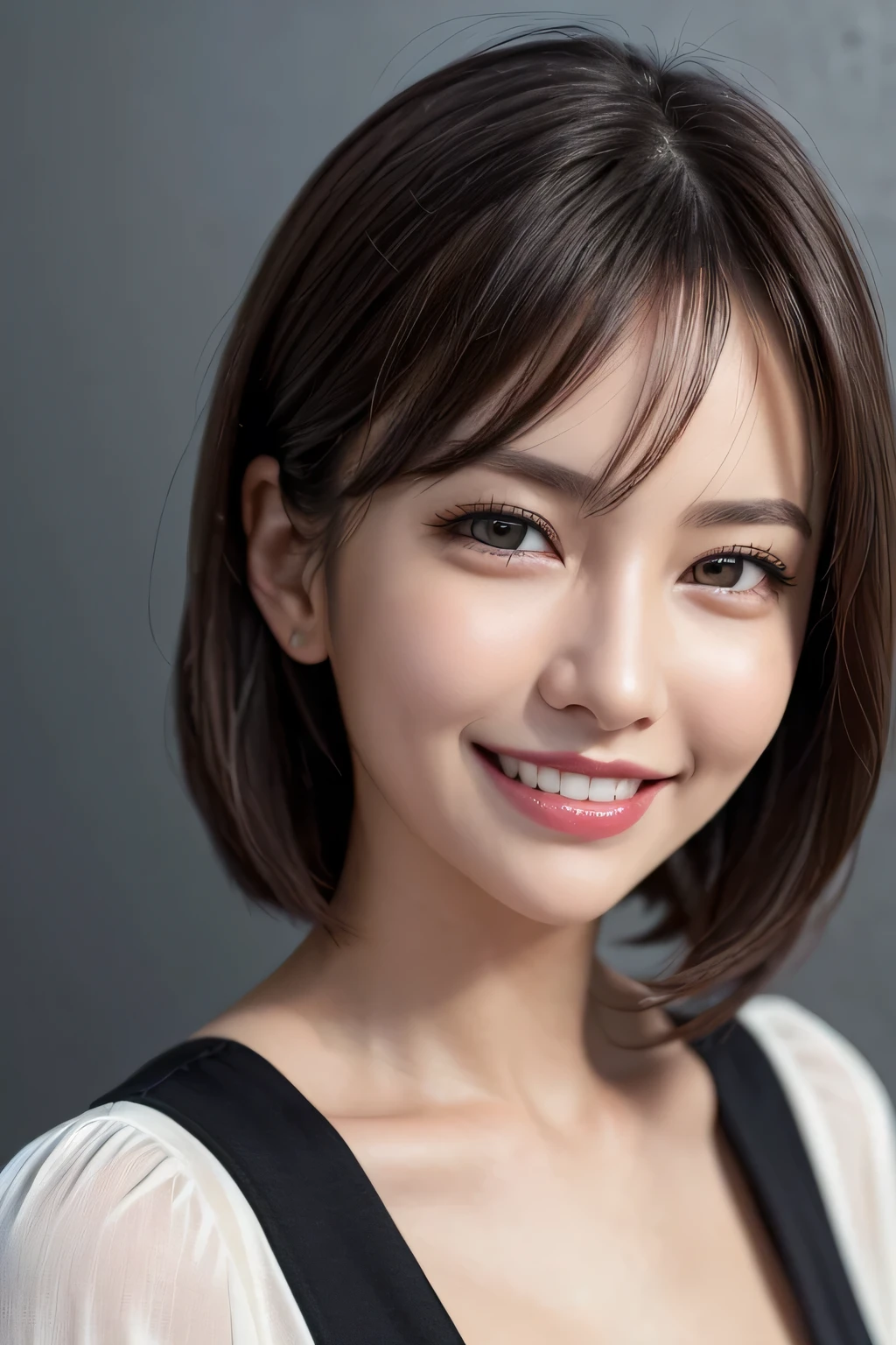 ((masterpiece)), ((Highest quality)), ((Complex)), ((Surreal)), (Realistic), (Mature Woman), ((There are no classes)), Very detailed, (1 female), Beautiful and exquisite, (Beautiful Teeth), Grin, Brunette Bob Hair, Brown eyes, ((blouse)), (Upper Body), (background:none), Perfect Eyes, Captivating eyes, Looking at the audience