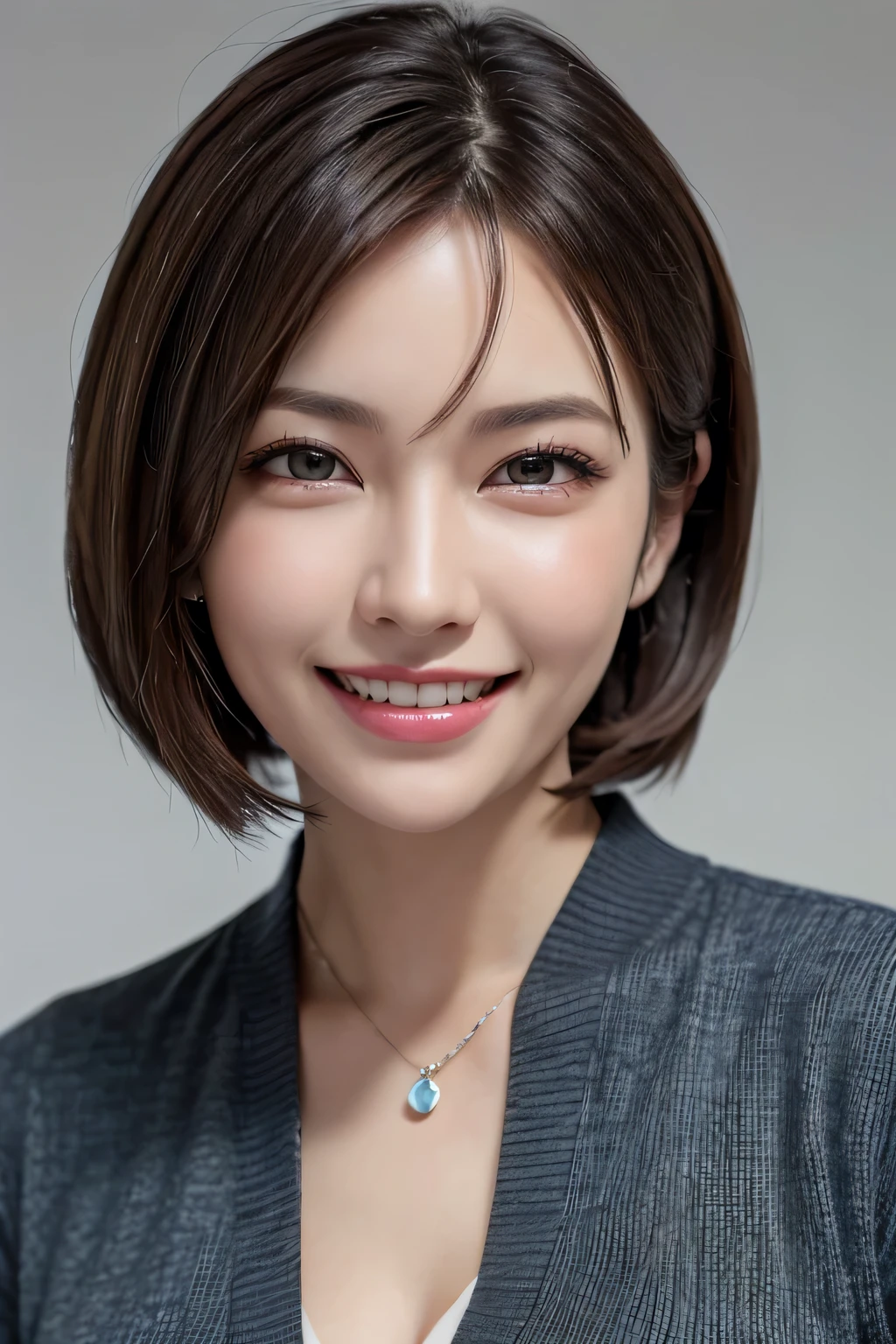 ((masterpiece)), ((Highest quality)), ((Complex)), ((Surreal)), (Realistic), (Mature Woman), ((There are no classes)), Very detailed, (1 female), Beautiful and exquisite, (Beautiful Teeth), Grin, Brunette Bob Hair, Brown eyes, ((blouse)), (Upper Body), (background:none), Perfect Eyes, Captivating eyes, Looking at the audience