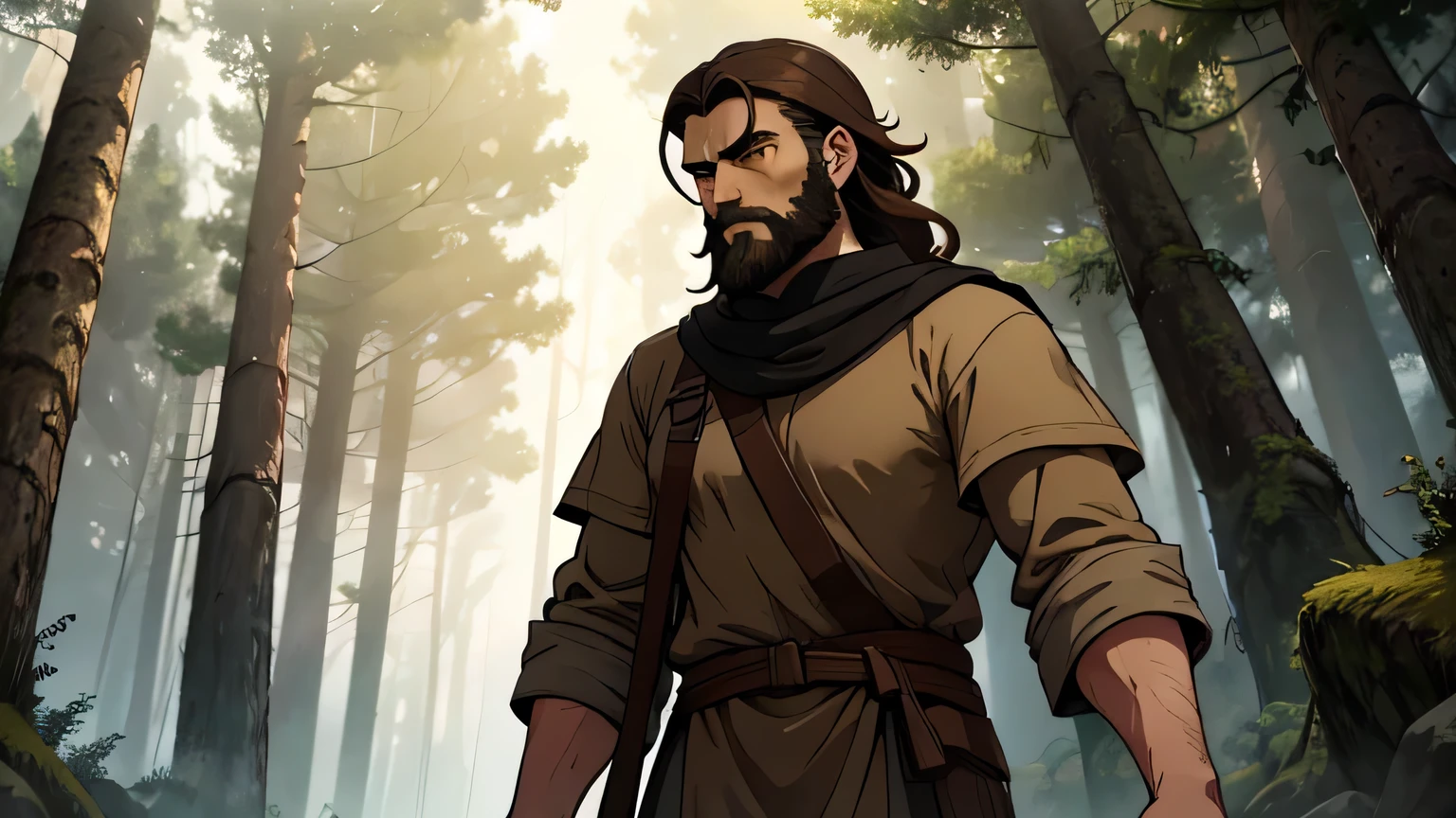 man with dark grayish brown beard, long dark grayish brown hair, light yellow brown eyes, and dark brown tunic, and light brown from the 4th century BC, about 50 years old, walking in dark and mysterious forest