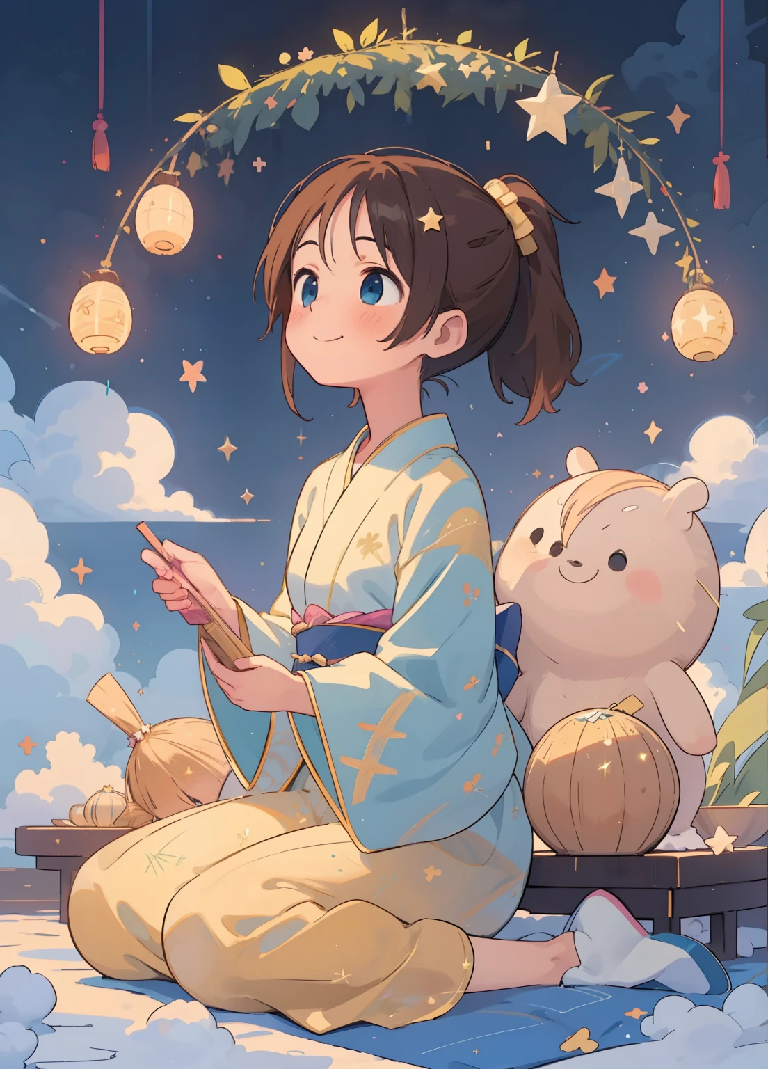 (masterpiece、Highest quality、Highest quality、Official Art、Beautiful and beautiful:1.2)、(One girl:1.3)Hatsune Miku、Twin tails,Beautiful breasts,Highest quality, masterpiece, Hikoboshi and Orihime, The best smile, Looking up at the sky,Brown Hair、ponytail、 yukata, Blue Eyes Method, Night view, Tanabata Festival,Many Stars々、The stars shine beautifully、Brightly colored stars、Vast Universe、 大きなbambooと色とりどりの吊り飾り,Golden light particle effect, Events in Japan、Tanabata decoration、bamboo、Wish