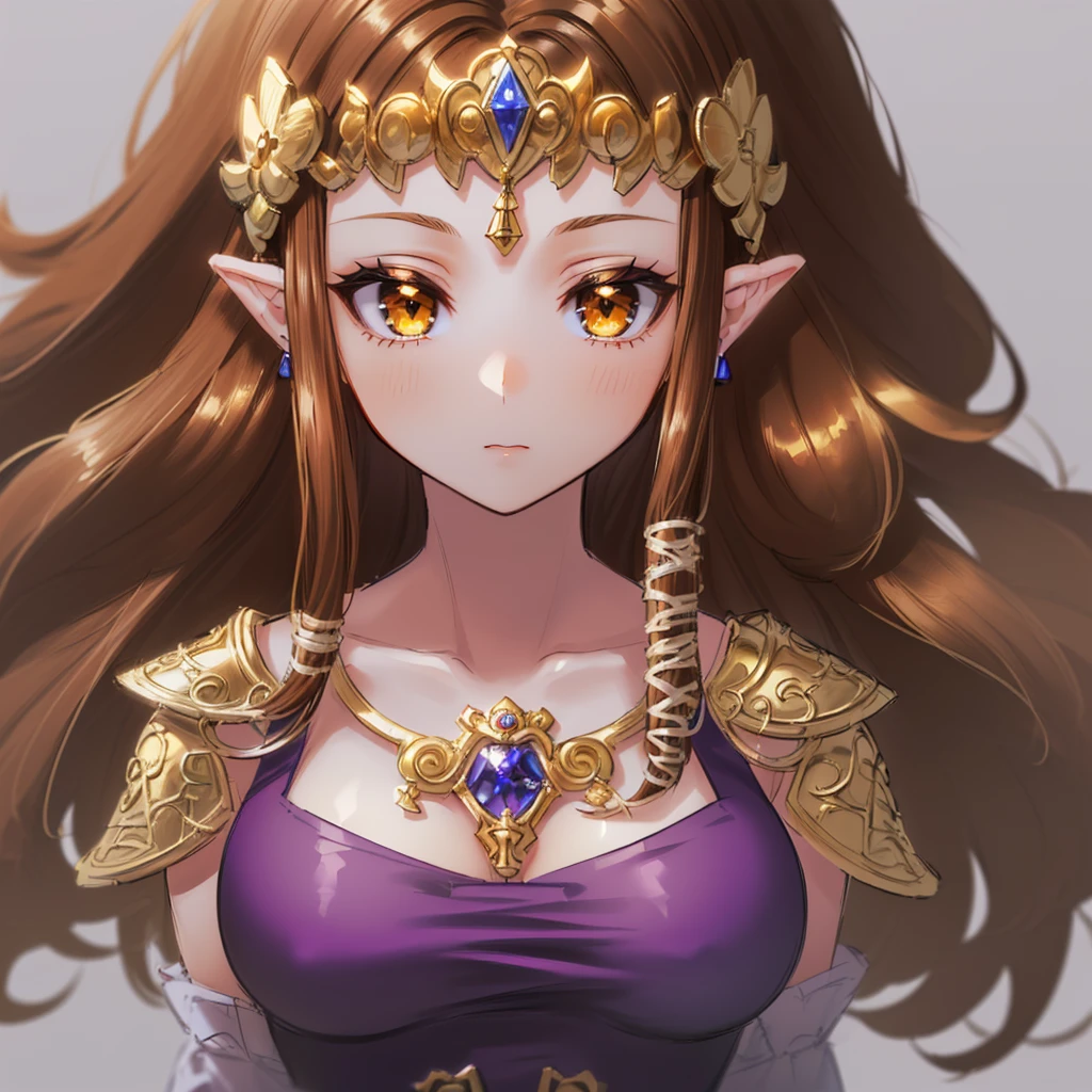 ((Upper body only))),((Expressionless)),((valley)),((((Exposed shoulders)))),(((look up))),,(((Golden hair ornament)),,(((Long Hair)))),((Big Breasts)),((((Exposed shoulders)))),((Front Face)),Princess Zelda, ((Highest quality)),,(Very detailed) ,,((Purple blouse)),Brown Hair,((, ((Highest quality)), (Very detailed), ,(((Dark brown hair))),Nintendo, (Straight hair), face,,((alone)), ((Highest quality)), (Very detailed), ,