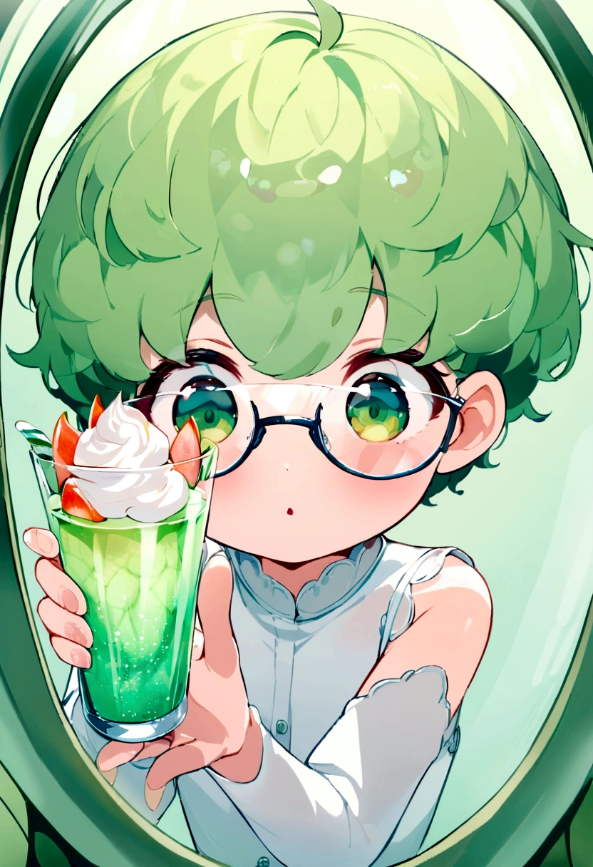 Glass puppy, glued to glass, transparent, with straw, cream melon soda, high quality