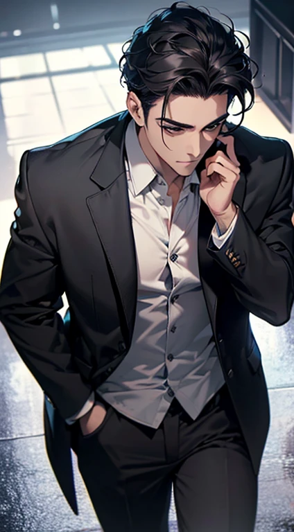(best quality, masterpiece, 8K, photorealistic, cinematic lighting, 1:4 hdr image, top view, ultra detailed, beautiful image), a mature man, very handsome, short black hair, black eyes, perfect face without errors , ((buttoning his jacket, CEO))