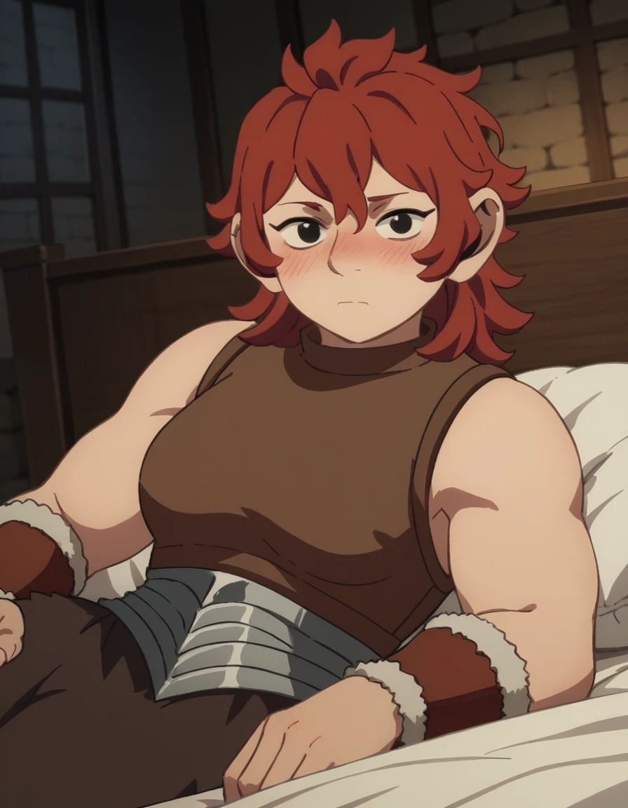 score_9, score_8_up, score_7_up, source_anime,
namari, namari, hair between eyes, red hair, black eyes, medium hair,
sleeveless, armor, turtleneck,
indoors, bed, bed room, on side, blush, drunk,
looking at viewer, solo, cowboy shot, dutch angle,