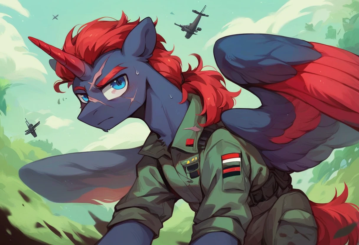 Male alicorn pony, black fur, long red hair, deep blue eyes, red feathers on wings, scar over left eye, red striping, vietnam-era helicopter pilot uniform, boonie hat, in a swamp, explosion in background, sweating, close-up portrait