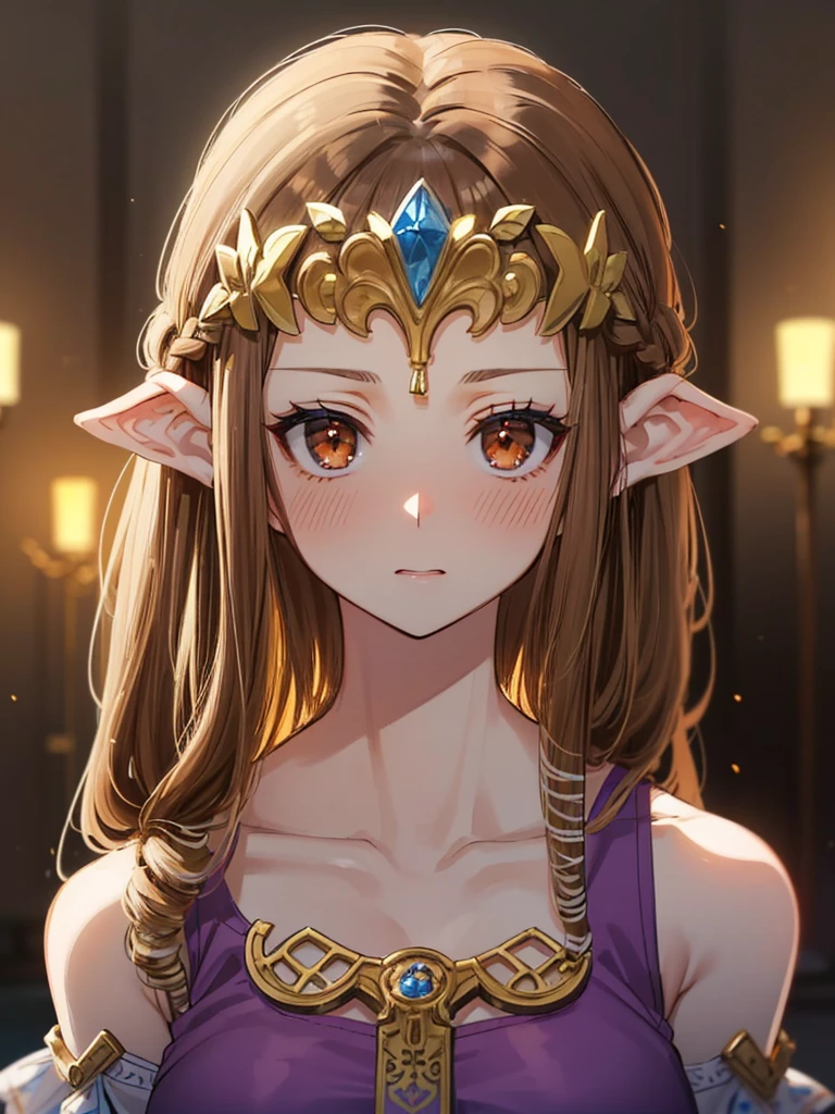 ((((Very beautiful mature woman)))),((surprised),((Scared)),((valley)),((((Exposed shoulders)))),(((look up))),,(((Golden hair ornament)),,(((Long Hair)))),((Big Breasts)),((((Exposed shoulders)))),((Front Face)),Princess Zelda, ((Highest quality)),,(Very detailed) ,,((Purple blouse)),Brown Hair,((Embarrassed look)),Blushing, ((Highest quality)), (Very detailed), ,(((Dark brown hair))),Nintendo, (Straight hair), face,Blushing,((alone)), ((Highest quality)), (Very detailed), ,