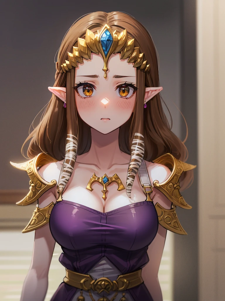 ((((Very beautiful mature woman)))),((surprised),((Scared)),((valley)),((((Exposed shoulders)))),(((look up))),,(((Golden hair ornament)),,(((Long Hair)))),((Big Breasts)),((((Exposed shoulders)))),((Front Face)),Princess Zelda, ((Highest quality)),,(Very detailed) ,,((Purple blouse)),Brown Hair,((Embarrassed look)),Blushing, ((Highest quality)), (Very detailed), ,(((Dark brown hair))),Nintendo, (Straight hair), face,Blushing,((alone)), ((Highest quality)), (Very detailed), ,