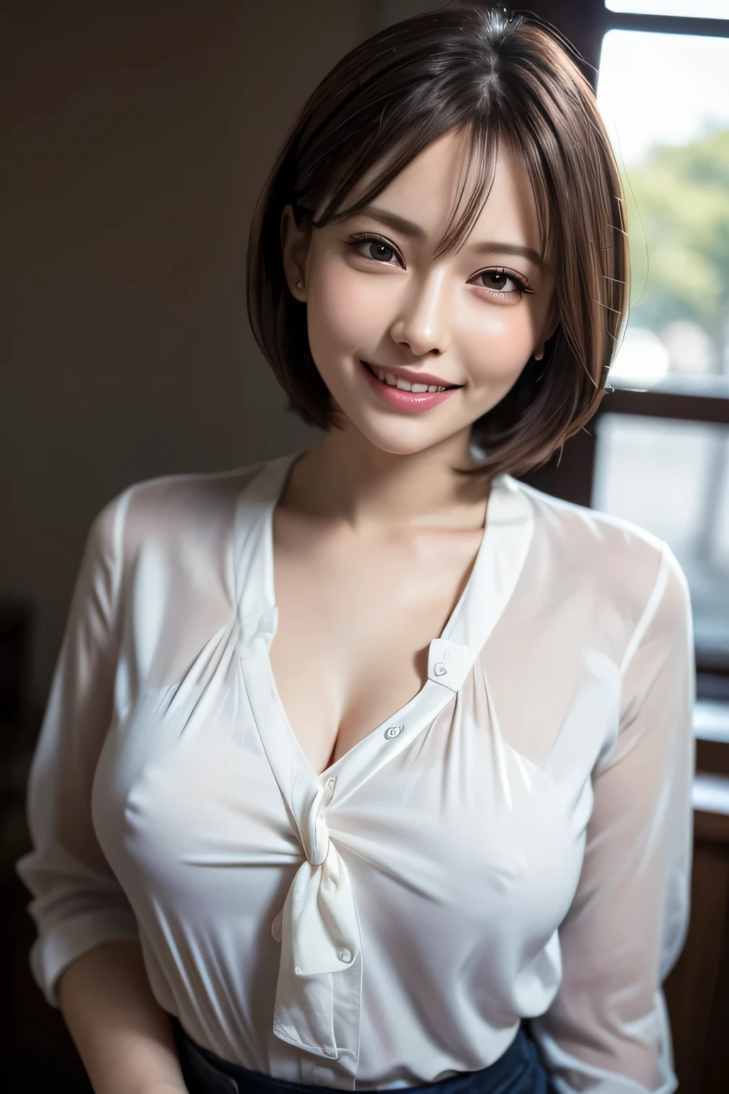((masterpiece)), ((Highest quality)), ((Complex)), ((Surreal)), (Realistic), (Mature Woman), ((There are no classes)), Very detailed, (1 female), Beautiful and exquisite, (Beautiful Teeth), Grin, Brunette Bob Hair, Brown eyes, ((blouse)), (Upper Body), (background:none), Perfect Eyes, Captivating eyes, Looking at the audience