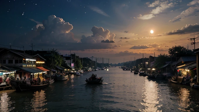 ultra realistic, no pople, vietnam, market, night, big moon, port background