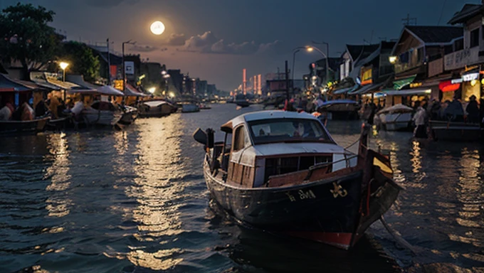 ultra realistic, no pople, vietnam, market, night, big moon, port background