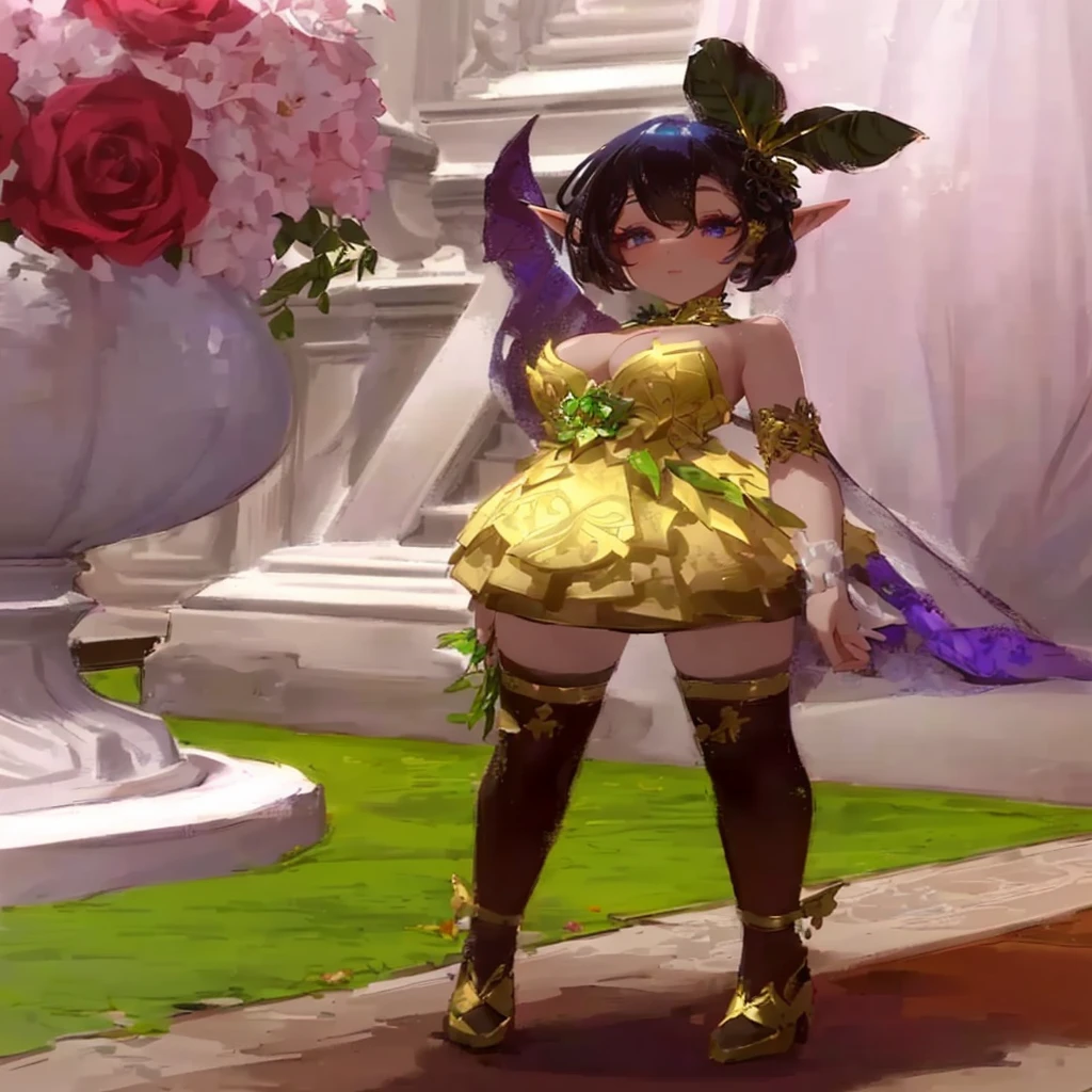 masterpiece:1.2, best quality, detailed and beautiful, a close up of a person in a dress and a vase with flowers, fantasy outfit, wearing gilded ribes, alluring mesmer woman, wearing fantasy formal clothing, succubus in tight short dress, exotic fey features, wearing an ornate outfit, elf girl wearing an flower suit, ornate attire, clothes themed on a peacock mage, fantasy dress, gilded outfit