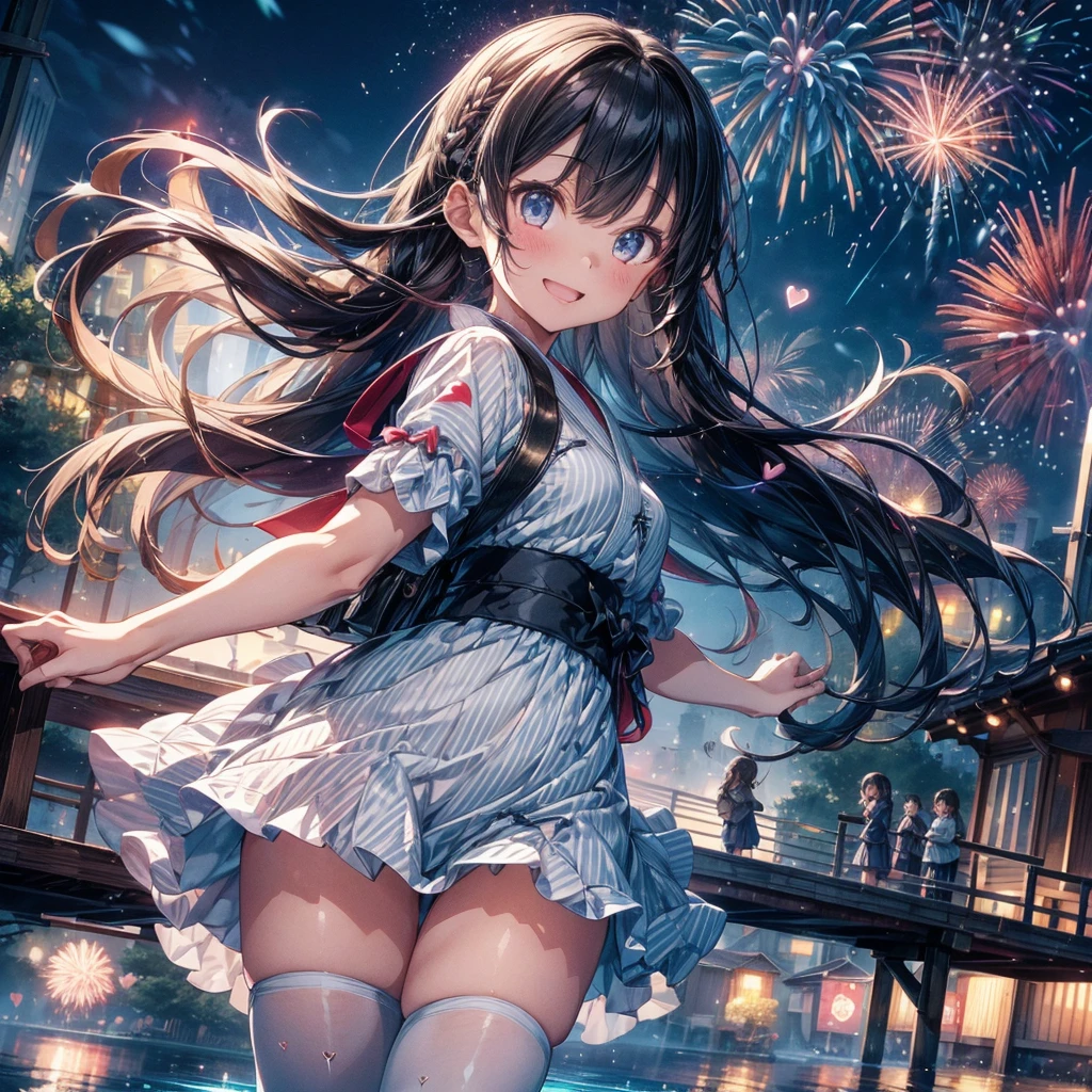 score_9,score_8_superior,score_7_superior,(((One Girl))),Absurd, High Resolution, (((Ultra-detailed))), (One Girl:1.3), Sexy Break 、Beautiful girl wearing a black and white ruffled dress that remade yukata、Micro Mini Pleated Pants Skirt、Braided boots、Basket weaving、Traditional Crafts、Natural materials、Complex patterns、Functional art、Textile technology、Heritage break 、Light Painting、Long Exposure、Dynamic stripes、Bright trail、Bright colors、Fluid movement、Fascinating patterns、Creative Experiment Break 、dancer、grace、grace、Fascinating Movement、performance、seductive dancing、Combat Agility、masterpiece、Highest quality、(((Heart shaped fireworks)))、Night Sky、Stars shining in the night々、Colorful fireworks、Fireworks at sea level、Japanese pattern dress、Beautiful girl in black and white clothes remade from yukata、Beautiful views、The fireworks reflected on the water sparkle、たくさんの浮遊粒子とColorful fireworks、Colorful fireworks and、Expressing the atmosphere of New Year and festivals、Focused cowboy shot、A big smile。Teeth look beautiful。Lakeside with bridge in the background,crystallineAI,Crystal Fireworks、