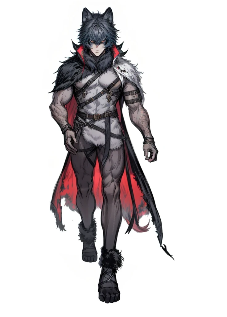 1boy , half-beast, fur-covered body, furry tail, wolf, weapon, (high resolution, high detail, best quality),alone,muscular, serious