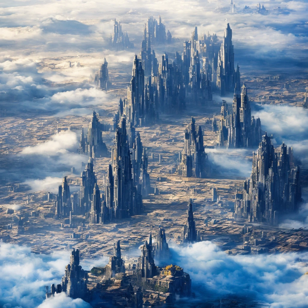 A huge fantastical sci-fi city, aether city, floating aerial metropolis,Skyscrapers、Daytime，Huge construction，Super huge waterfall，Super huge temple，Super huge torii，mysterious，Fantasy， towering skyscrapers, massive waterfall, celestial planets in the sky, surrounded by clouds, cosmic architecture, violet energy scars around, central massive castle, astral sky