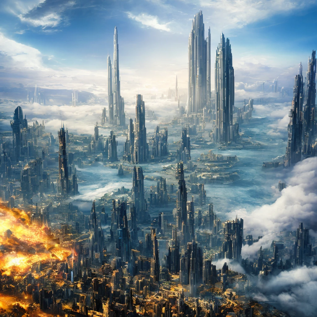 A huge fantastical sci-fi city, aether city, floating aerial metropolis,Skyscrapers、Daytime,Huge construction,Super huge waterfall,Super huge temple,Super huge torii,mysterious,Fantasy, towering skyscrapers, massive waterfall, celestial planets in the sky, surrounded by clouds, cosmic architecture, violet energy scars around, central massive castle, astral sky