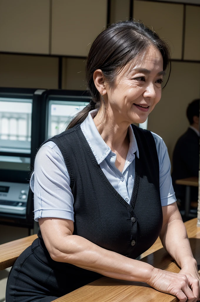 (masterpiece:1.4),(Female, 67 years old:1.5),(Facial wrinkles : 1.2), (facing away : 1.3), cheerful smile, pony tail hair, maternal, Mature Woman, upper body shoot, sitting, office worker, (smooth fabric), (polyester black vest with button), black pencil skirt, white short sleeve shirt, (plump arms : 1.2), (focus on arms), working at ticket window, detailed backgrounds