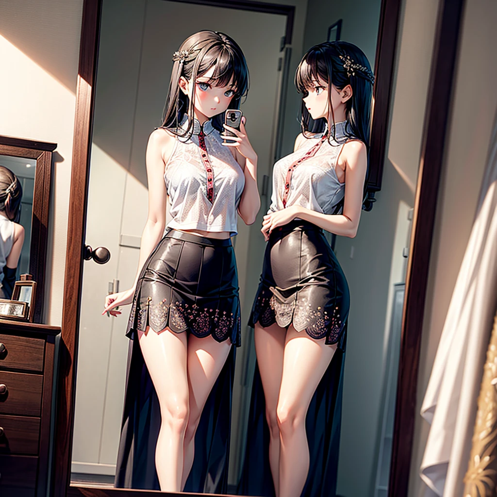 masterpiece, Highest quality, Cute Mature Woman,Small breasts that are just beginning to grow, Scrunchie hair ornament, Twin tails,Large areola,Nipples,hoodie,necklace, skinny , Nipples,(Nipplesが透けて見える)), (good:1.3), ((lingerie,Culottes of lace:1.5)),Culottes seen from below